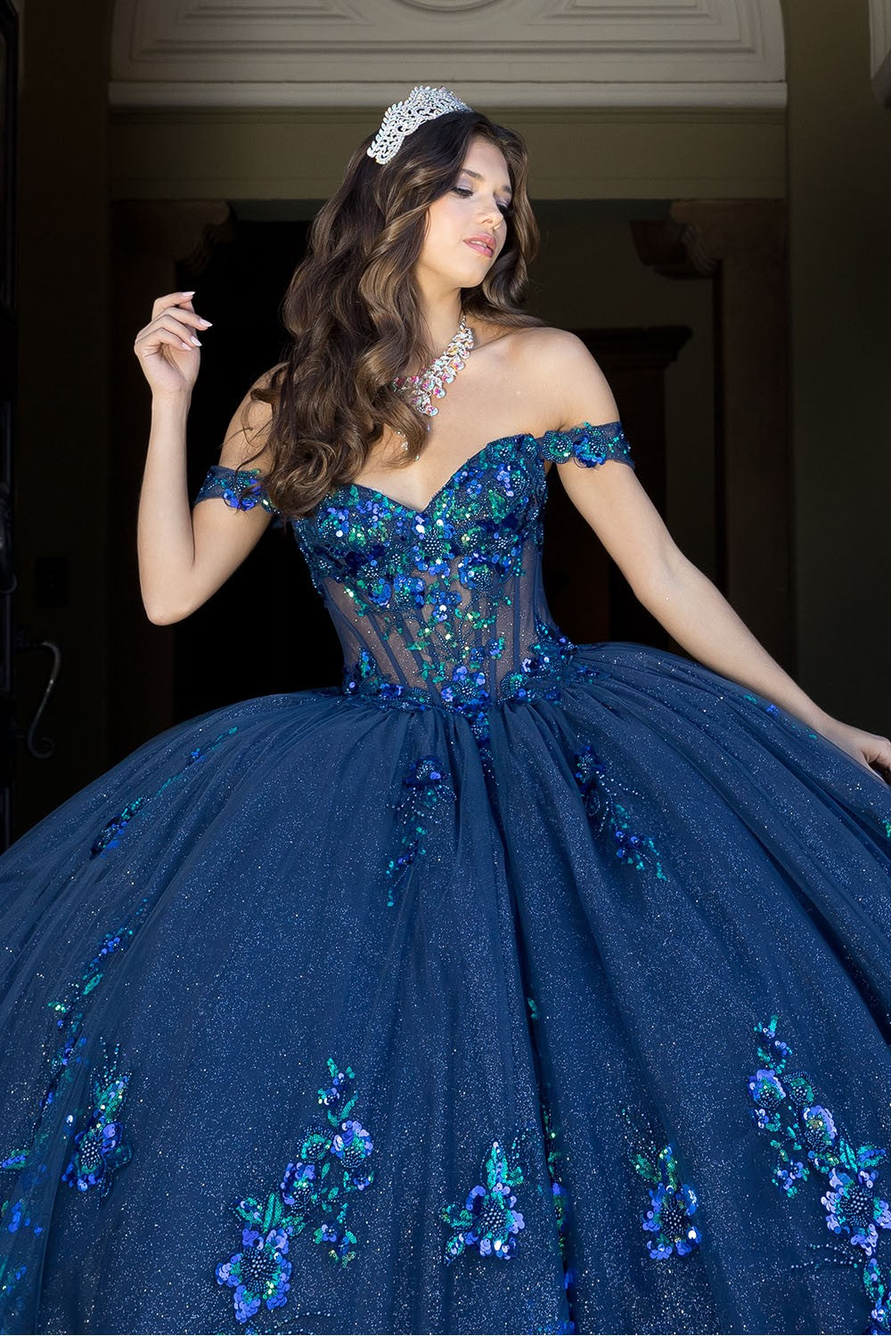 Floral Off Shoulder Ball Gown by Petite Adele PQ1073
