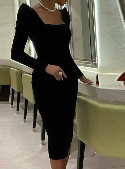 Schlauch Säule Elegant Sexy Cocktail Partykleid Quadratischer Ausschnitt Langarm Knielang Kurzes Ballkleid Y4194