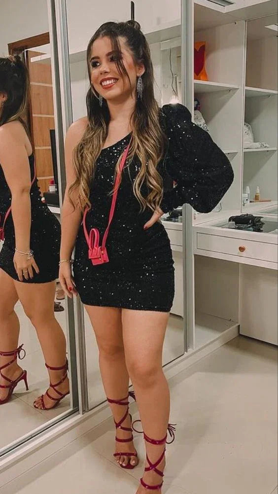 Schwarzes Paillettenkleid mit Einarm für den Homecoming-Abend Schwarzes Partykleid Y2086