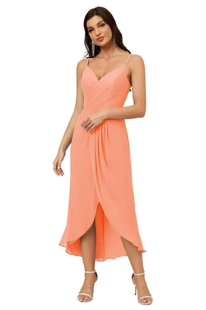 Numbersea Spaghetti-Träger Chiffon V-Ausschnitt Brautjungfernkleid Mittellanger Schlitz Formelles Abschlussballkleid Homecoming-Kleid 2803