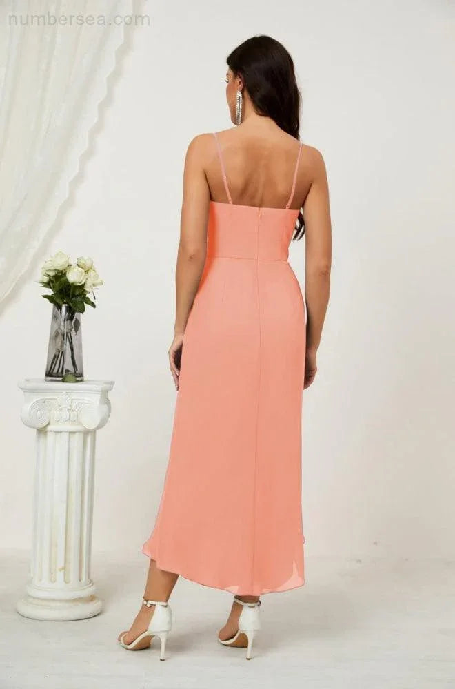 Vestido de Dama de Honor de Chifón Spaghetti con Escote en V y Abertura al Frente de Longitud Media para Fiesta Formal, Baile de Graduación y Regreso a Casa 2803