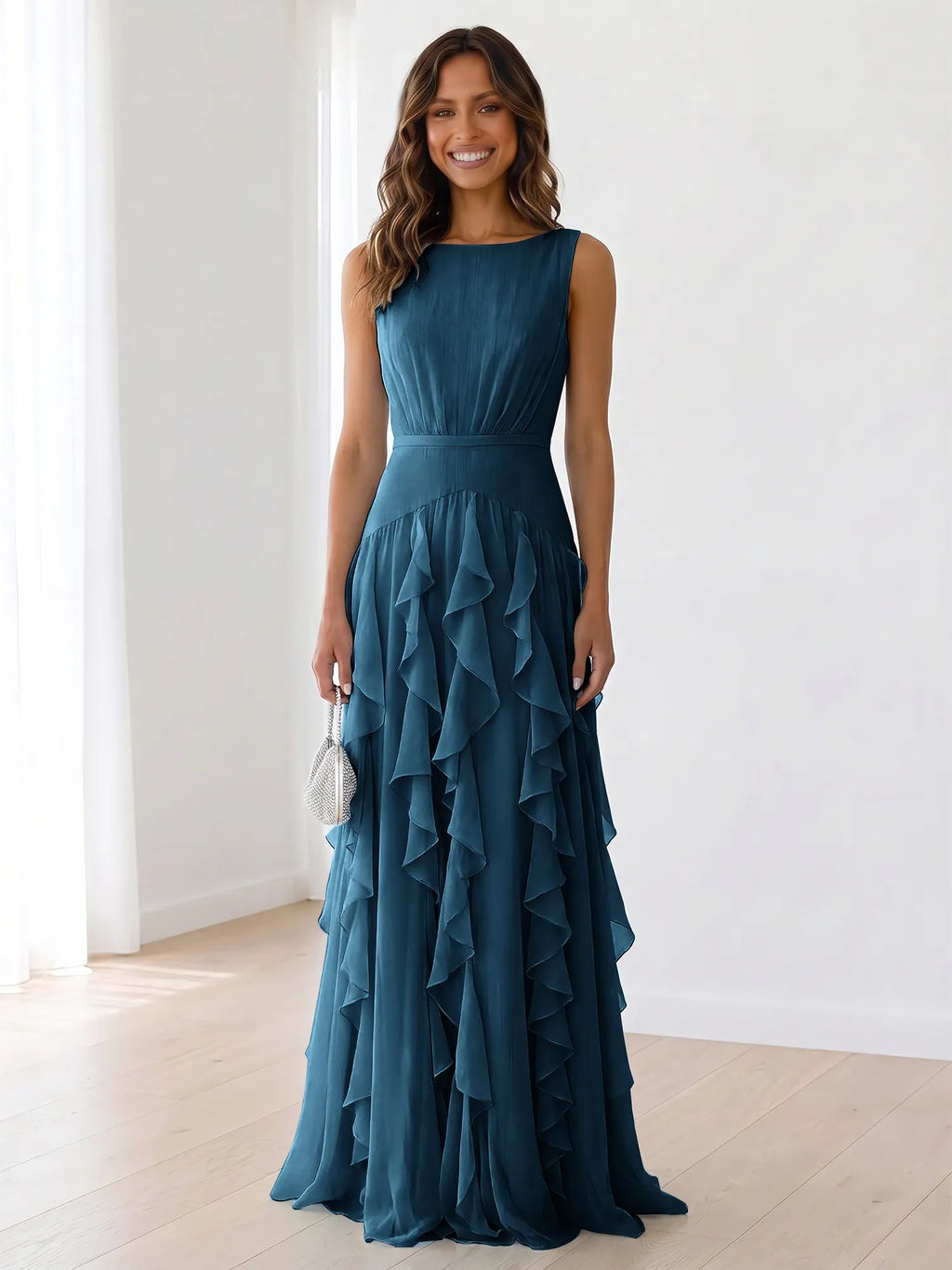 Sleeveless Tiered Chiffon Maxi Evening Gown with Ruched Bodice