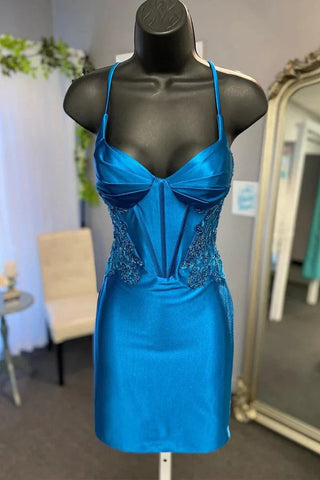 Pfauenblaues kurzes Korsett-Heimkehrkleid mit Applikationen PD513