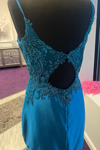 Pfauenblaues kurzes Korsett-Heimkehrkleid mit Applikationen PD513
