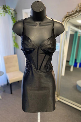 Pfauenblaues kurzes Korsett-Heimkehrkleid mit Applikationen PD513
