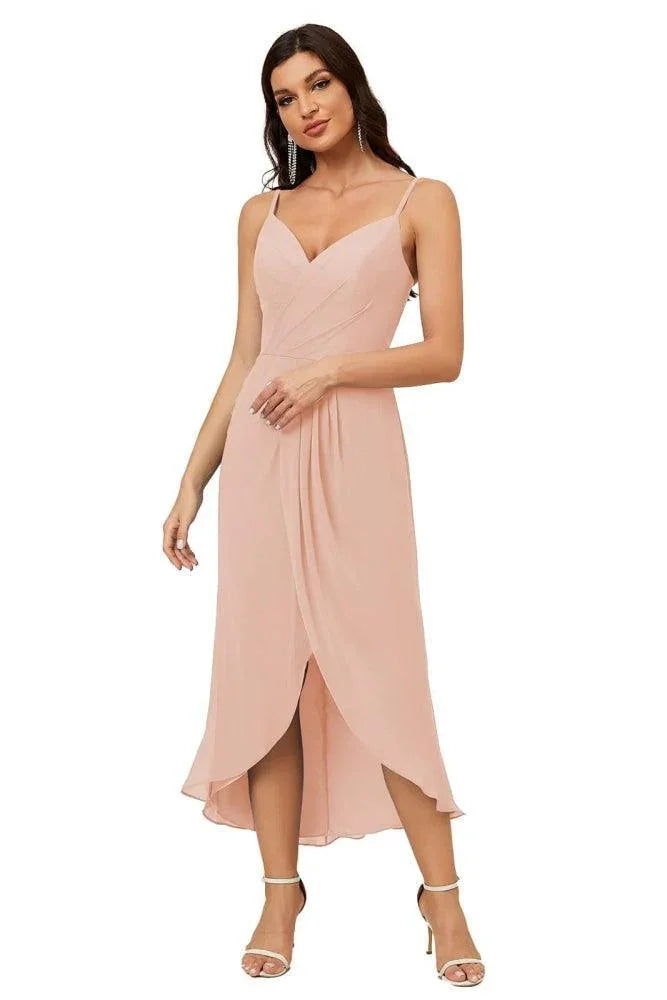 Numbersea Spaghetti-Träger Chiffon V-Ausschnitt Brautjungfernkleid Mittellanger Schlitz Formelles Abschlussballkleid Homecoming-Kleid 2803