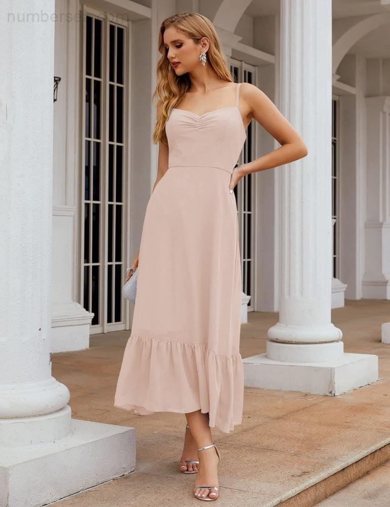 Numbersea Spaghetti-Träger Chiffon Brautjungfernkleid Knöchellänge Formell A-Linie Cocktail Party Homecoming-Kleid für Juniorinnen SEA28028