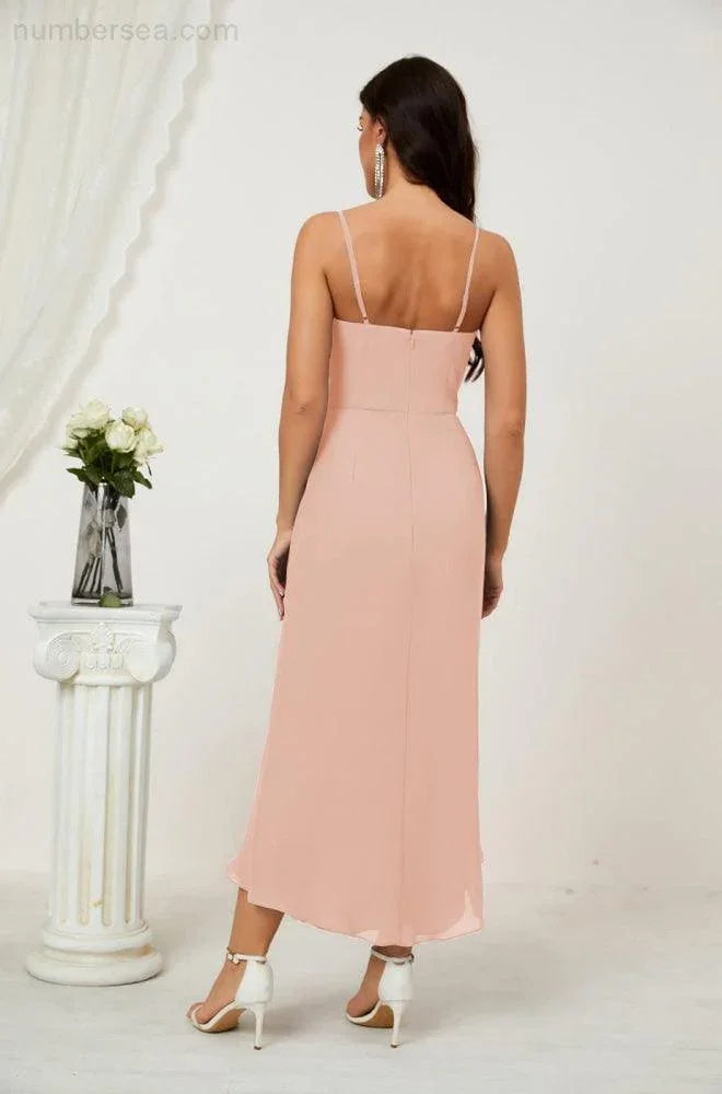 Vestido de Dama de Honor de Chifón Spaghetti con Escote en V y Abertura al Frente de Longitud Media para Fiesta Formal, Baile de Graduación y Regreso a Casa 2803