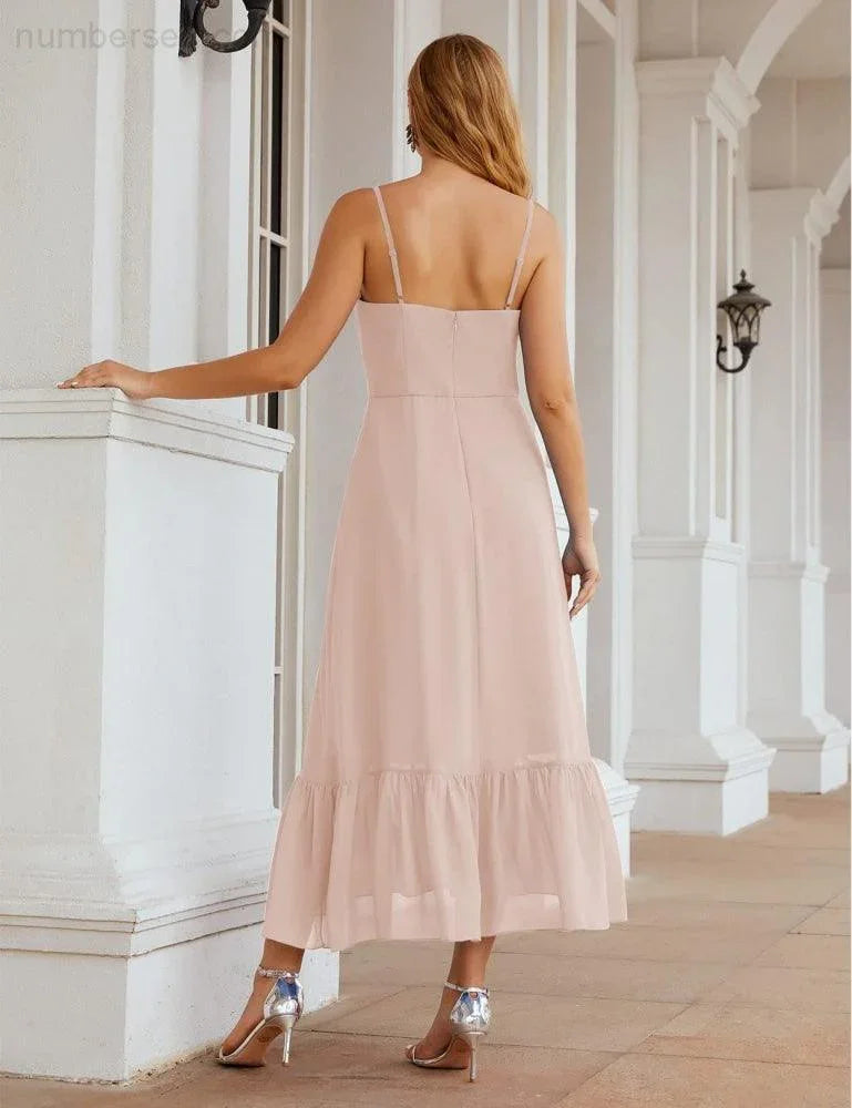 Numbersea Spaghetti-Träger Chiffon Brautjungfernkleid Knöchellänge Formell A-Linie Cocktail Party Homecoming-Kleid für Juniorinnen SEA28028