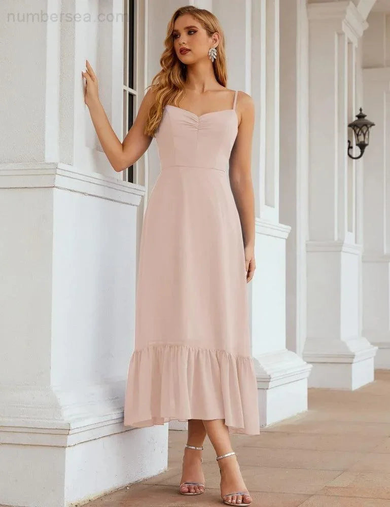 Numbersea Spaghetti-Träger Chiffon Brautjungfernkleid Knöchellänge Formell A-Linie Cocktail Party Homecoming-Kleid für Juniorinnen SEA28028