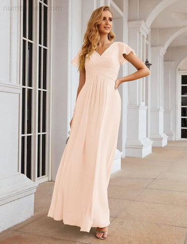 Numbersea Chiffon Bridesmaid Dress Cap Sleeves Maxi Prom Gowns Party Wedding Mother of The Bride Dresses for Women SEA28047