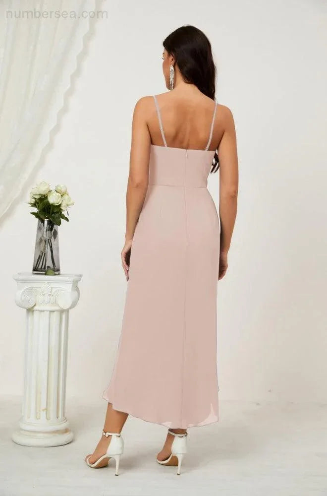 Vestido de Dama de Honor de Chifón Spaghetti con Escote en V y Abertura al Frente de Longitud Media para Fiesta Formal, Baile de Graduación y Regreso a Casa 2803