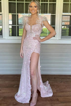 Mermaid Appliques Split Pink Prom Dress with Feathers PSK498