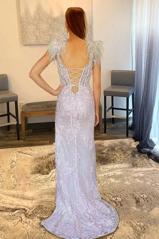 Mermaid Appliques Split Pink Prom Dress with Feathers PSK498