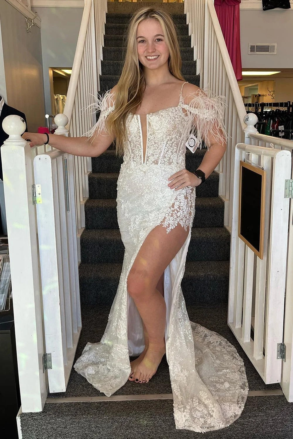 Mermaid Appliques Split Pink Prom Dress with Feathers PSK498