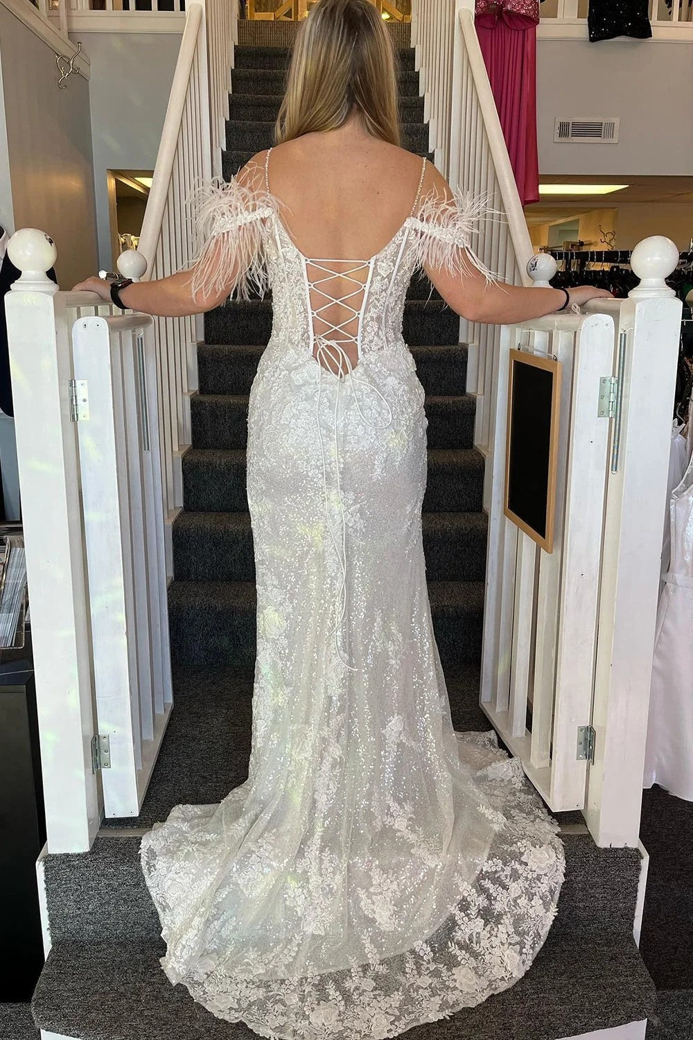 Mermaid Appliques Split Pink Prom Dress with Feathers PSK498