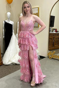 Robe de bal longue rose à volants étagés avec applications de dentelle pailletée PSK499