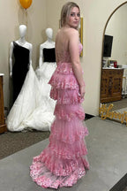 Glitter Lace Appliques Ruffle Tiered Pink Long Prom Dress PSK499