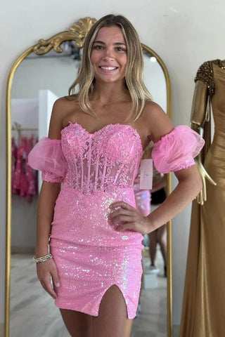 Rosa trägerloses, figurbetontes Homecoming-Kleid mit Applikationen und Ärmeln PD542