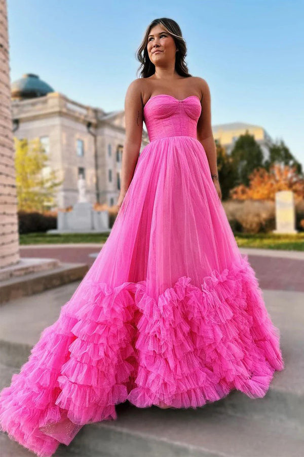 Sweetheart Tulle Pink Long Prom Dress Princess Party Dress PSK475