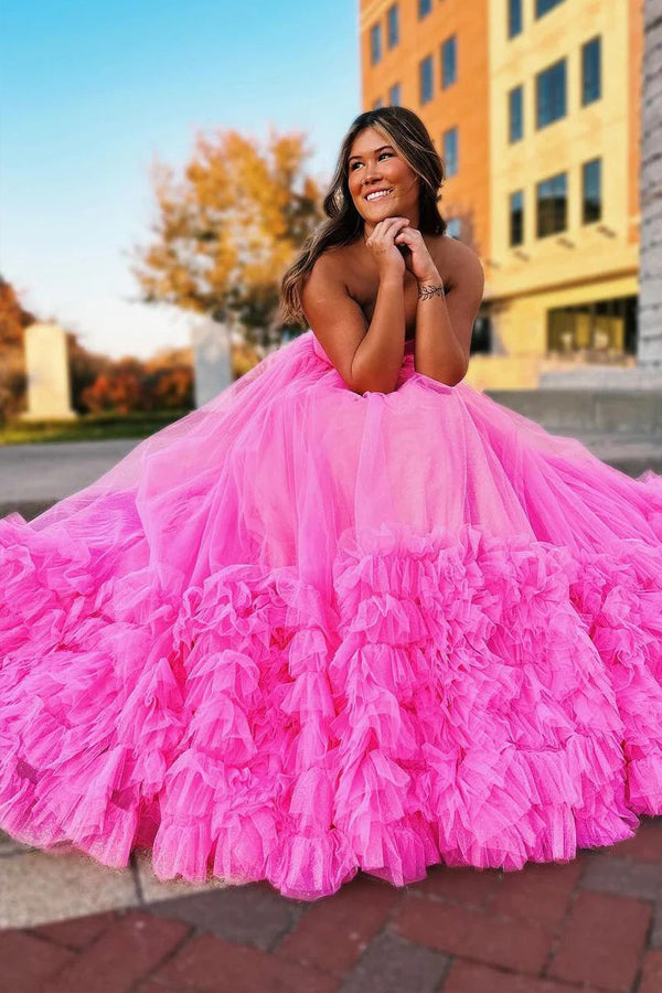 Sweetheart Tulle Pink Long Prom Dress Princess Party Dress PSK475
