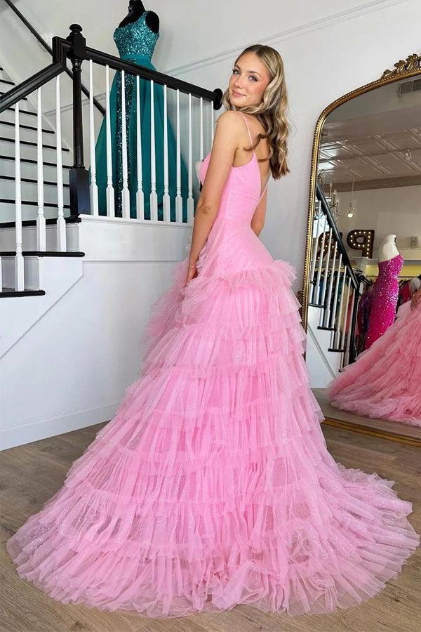 Vestido de festa comprido rosa com decote em V, cintura império, camadas e folhos PSK409