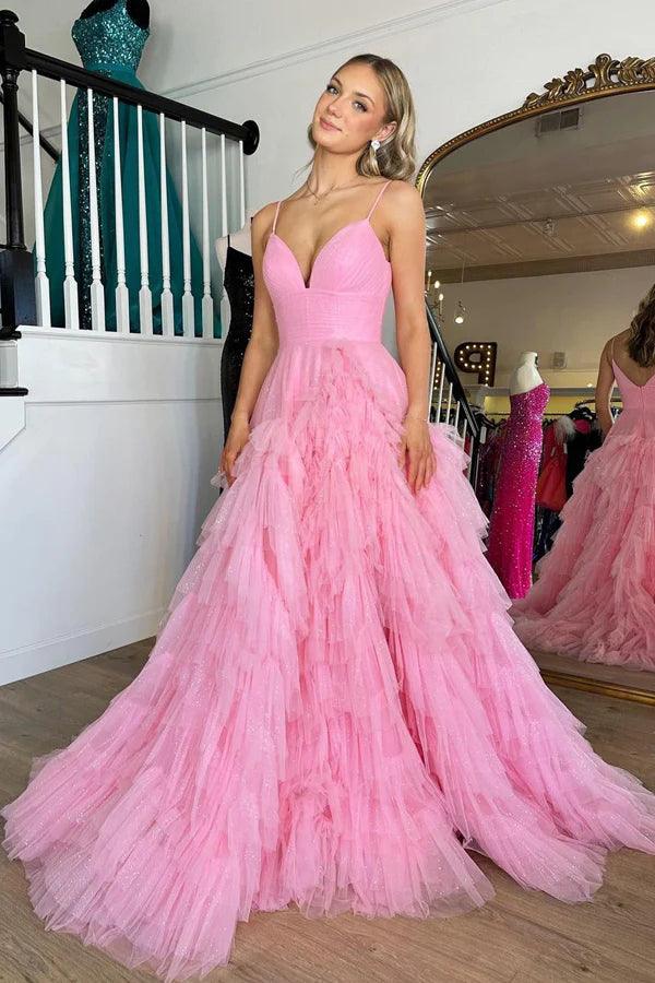 Vestido de festa comprido rosa com decote em V, cintura império, camadas e folhos PSK409