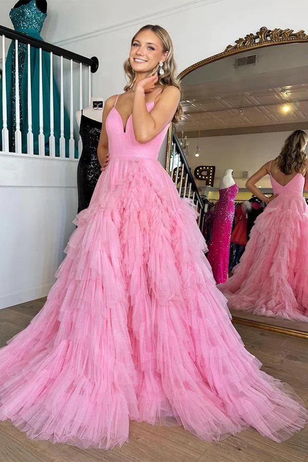 Vestido de festa comprido rosa com decote em V, cintura império, camadas e folhos PSK409