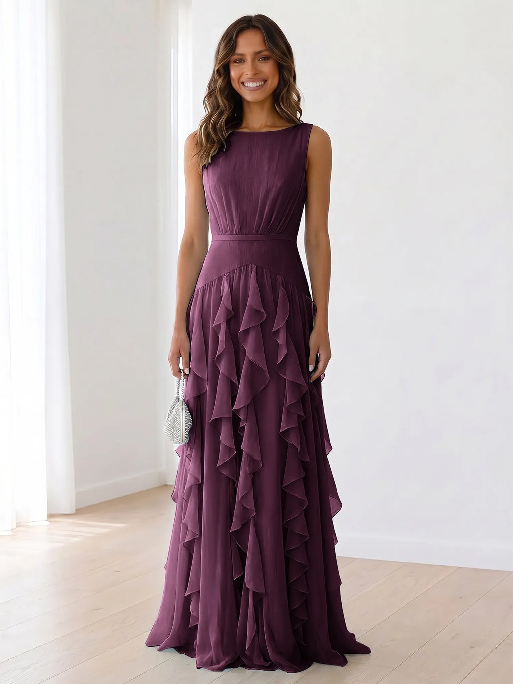 Sleeveless Tiered Chiffon Maxi Evening Gown with Ruched Bodice
