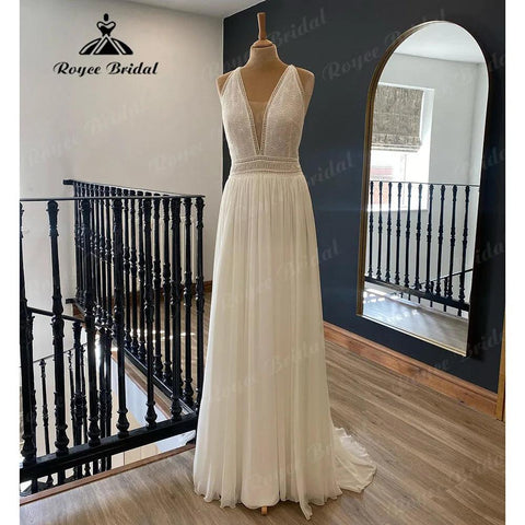 Tiefer Boho Tiefem V-ausschnitt Spitze Chiffon Hochzeit Kleid für Frauen 2024 Off Schulter Strand Brautkleid Sommer abito da sposa elegante 