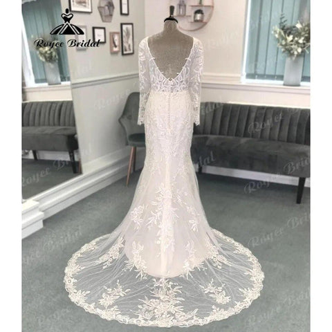 Tiefer V-Ausschnitt Spitzenapplikationen Langarm rückenfreies Hochzeitskleid für Frauen 2024 Brautkleid Vestido de Boda Corte Sirena 