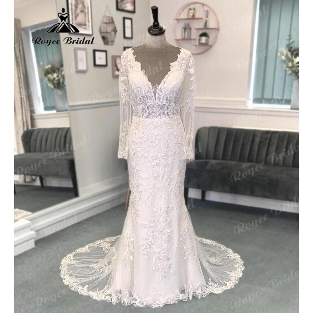 Plunging Deep V Neck Lace Appliques Long Sleeve Backless Wedding Dress for Women 2024 Bridal Gown vestido de boda corte sirena