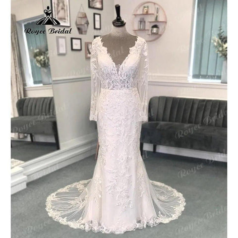 Tiefer V-Ausschnitt Spitzenapplikationen Langarm rückenfreies Hochzeitskleid für Frauen 2024 Brautkleid Vestido de Boda Corte Sirena 