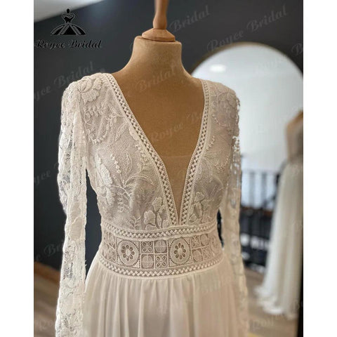 Tiefer V-Ausschnitt Langarm Spitzenmieder Chiffon Brautkleid für Frauen 2024 Böhmisches Brautkleid Trouwjurk Robe de Mariee