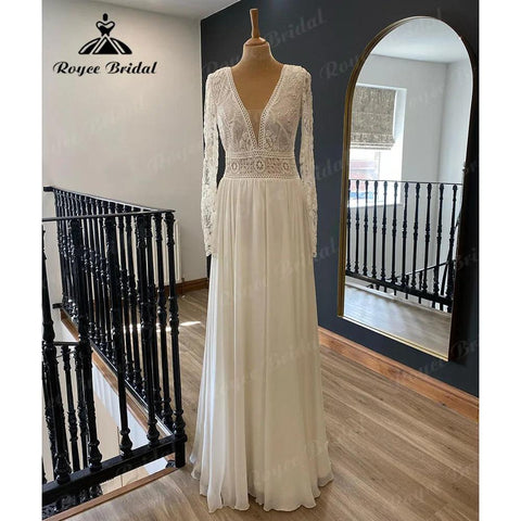 Tiefer V-Ausschnitt Langarm Spitzenmieder Chiffon Brautkleid für Frauen 2024 Böhmisches Brautkleid Trouwjurk Robe de Mariee