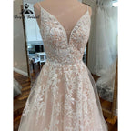 NumberSea Plunging Lace Beach Blush Pink Spaghetti Wedding Dress for Women 2025 Wedding Gowns for Women Bridal Reception Gown NumberSea