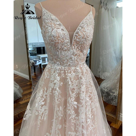 NumberSea Tief ausgeschnittenes Strand-Brautkleid mit Spaghettiträgern in Blush Pink für Frauen 2025 Brautkleider für Frauen Brautkleid für den Empfang NumberSea 