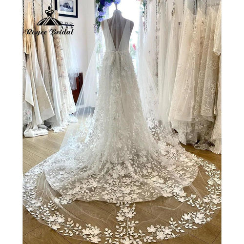 Tiefer V-Ausschnitt mit Spitze und Blumenmuster, Boho-Hochzeitskleid für Frauen 2024, Gartenhochzeitskleid für die Braut, rückenfrei, Vestido de Noiva 