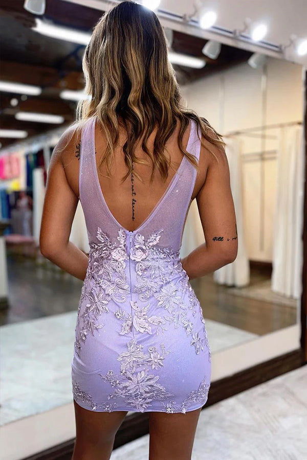 Plunging V-Neck Lavender Straps Appliques Illusion Homecoming Dress  PD470