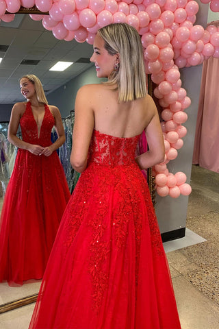 Vestido de festa comprido vermelho com decote em V profundo e aplicações de renda e missangas PSK707