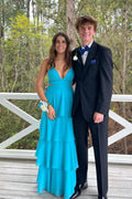 Vestido de Fiesta y Baile de Graduación Azul Chifón con Corte Atractivo y Niveles PSK610