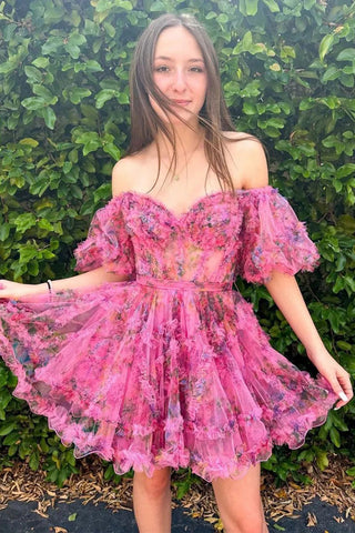 Hübsches A-Linien-Prinzessin-Heimkehrkleid mit Puffärmeln in Fuchsie, PD532