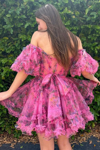 Hübsches A-Linien-Prinzessin-Heimkehrkleid mit Puffärmeln in Fuchsie, PD532