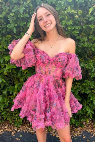Hübsches A-Linien-Prinzessin-Heimkehrkleid mit Puffärmeln in Fuchsie, PD532