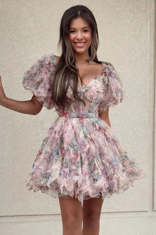 Hübsches A-Linien-Prinzessin-Heimkehrkleid mit Puffärmeln in Fuchsie, PD532