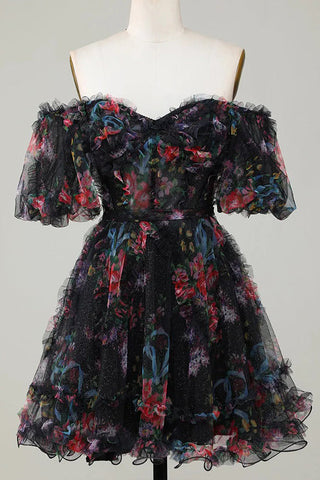 Hübsches A-Linien-Prinzessin-Heimkehrkleid mit Puffärmeln in Fuchsie, PD532
