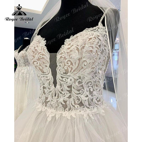 Vestido de novia princesa línea A de NumberSea con tirantes spaghetti, escote profundo en V, corpiño de encaje y abalorios de playa boho para fiesta de boda, Traje de novia