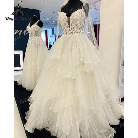 NumberSea Prinzessin A-Linie Spaghettiträger Brautkleid Tiefer V-Ausschnitt Spitzenmieder Boho Strand Perlenstickereien Hochzeitspartykleider Robe De Mariée 