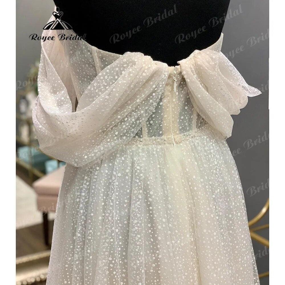 Princess Polka Dots Off Shoulder Short Wedding Dress with Short Cap Sleeve 2024 Wedding Bridal Receipt Party Gown NumberSea