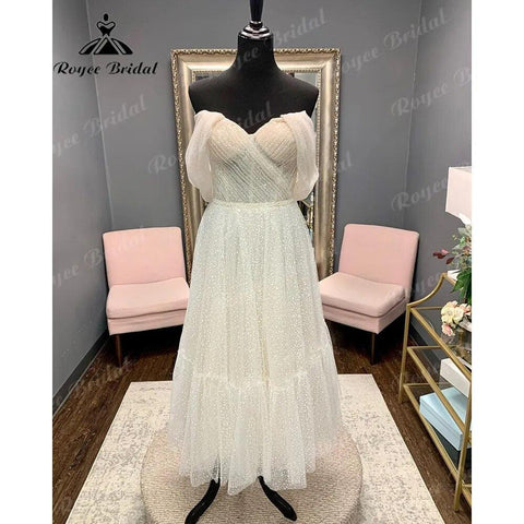 Prinzessin Polka Dots Off Schulter Kurze Hochzeit Kleid mit Kurzen Flügelärmeln 2024 Hochzeit Braut Empfang Party Kleid NumberSea 